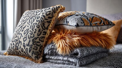 Obraz premium Leopard print textures featured on cushions and throws, creating a stylish, warm, and inviting interior decor.