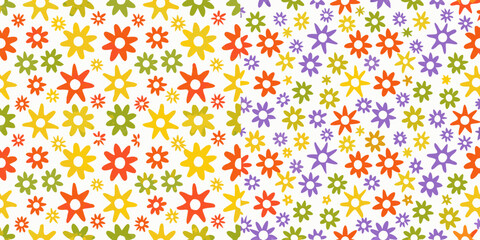 Vibrant retro floral pattern with a repeating design of colorful flowers on a white background
