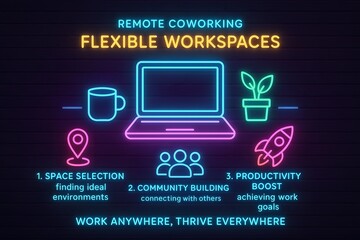 Neon Flexible Workspace and Modern Office Design Infographic for Hybrid Remote Work Environments