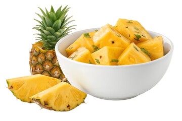 Fresh pineapple chunks in a white bowl with whole pineapple on white background
