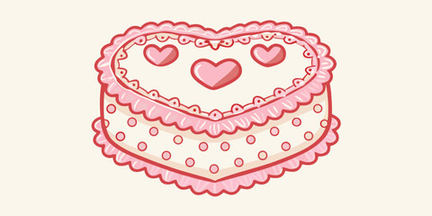 Charming heart shaped cake with pink frosting and decorative hearts and polka dots