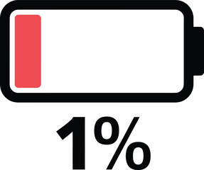 1% Battery Vector: Extremely Low Power, Urgent Charging Required, Device Alert.