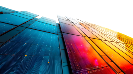 Three solar panels in a row reflecting sunlight isolated on transparent background