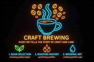  Neon Craft Coffee and Brewing Methods Infographic with Bean to Cup Process for Barista Education