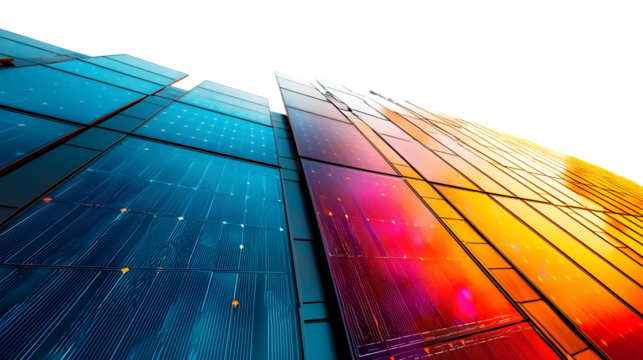 Three solar panels in a row reflecting sunlight isolated on transparent background