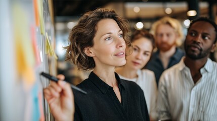 Businesswoman drawing business plan on whiteboard and explaining it to her coworkers during a meeting