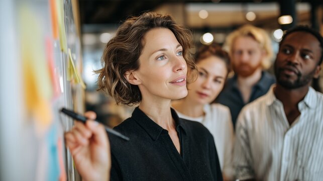 Businesswoman drawing business plan on whiteboard and explaining it to her coworkers during a meeting