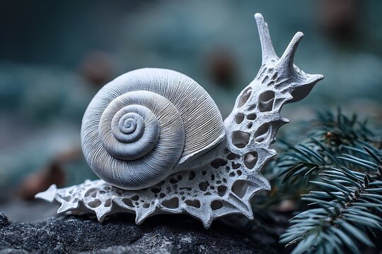 Macro photography of snail shell patterns, with detailed organic textures and a blurred forest background, symbolizing naturea??s design.