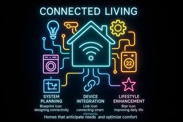 Neon Connected Smart Home with IoT Devices and Automated Systems for Modern Living and Technology Concepts