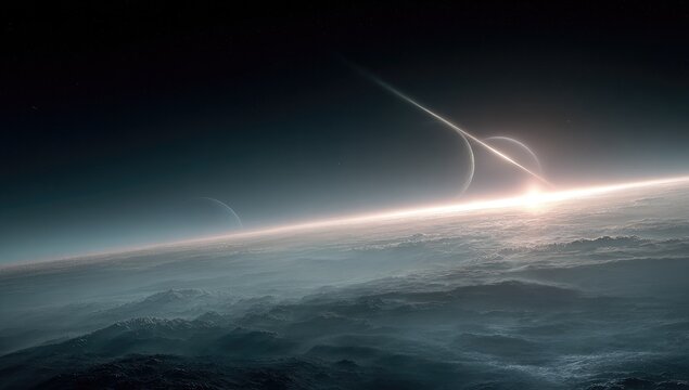 Cosmic sunrise over alien planet