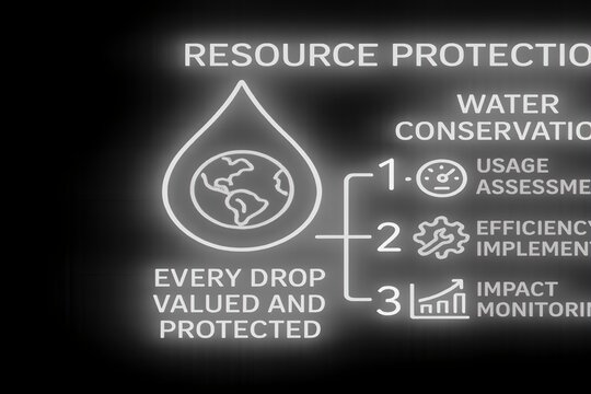 Neon Water Conservation and Saving Tips Infographic with Droplet Icons for Environmental Education