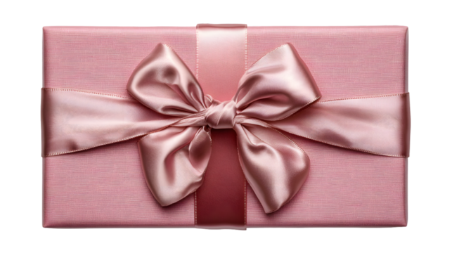 Top view pink gift box tied with matching satin ribbon and bow isolated on transparent background