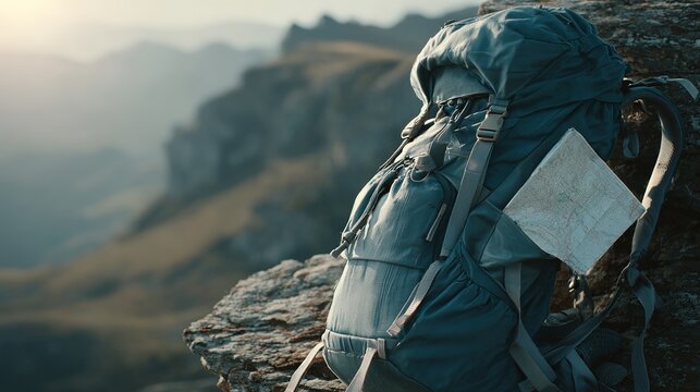 A rugged backpack resting on a rocky ledge, with a map tucked into its side, set against a stunning mountain backdrop. - Powered by Adobe
