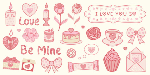 Charming pink valentine s day elements collection featuring hearts flowers candles cakes and sweet messages
