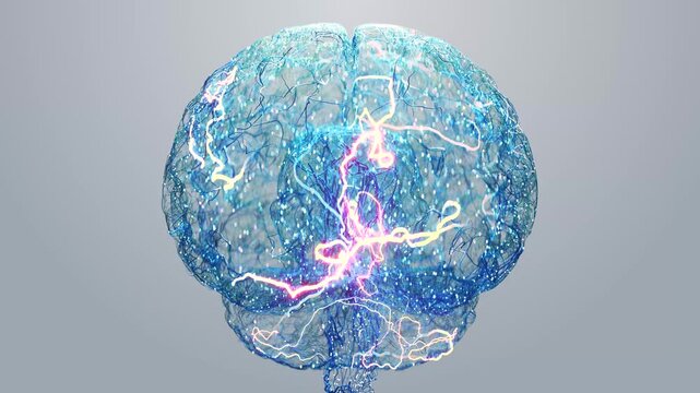 Futuristic 3D Animation Human Brain of Glowing Neural Networks, Electric Impulses and Digital Connections. Data for Technology, Science and Medical Project. Research Bright Background Loop Abstract 4k