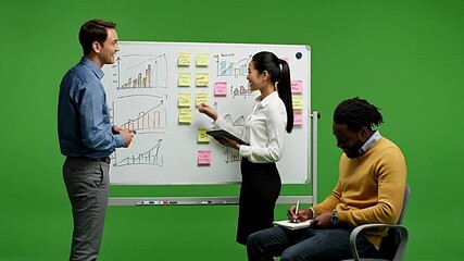 "A businesswoman presents charts and planning visuals to her team on a whiteboard, emphasizing structured analysis and strategic goal-setting."