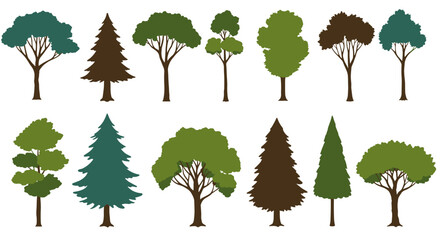 Fototapeta premium Diverse tree collection with flat design elements for botanical projects