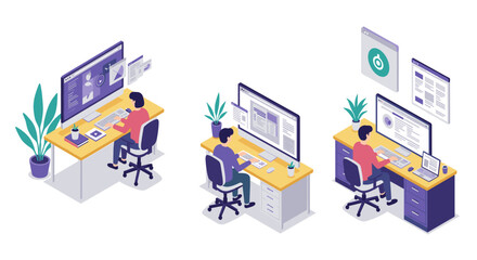 Obraz premium Isometric home office setup: three people working at desks with computers and plants