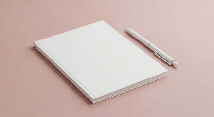 Blank white notebook and pen on a minimalist light pink background, ideal for stationery mockups or design concepts.