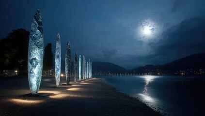 Nighttime lakefront art installations