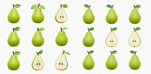 Collection of whole and halved green pears, arranged in a grid pattern on a white background.
