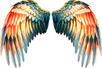 Colorful Angel Wings with Orange Blue and Yellow Feathers isolated on a transparent background