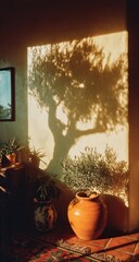 Obraz premium Sunlight casts a dramatic shadow of a tree on a cream-colored wall, illuminated by warm golden light. 
