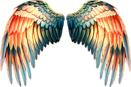 Colorful Angel Wings with Orange Blue and Yellow Feathers isolated on a transparent background