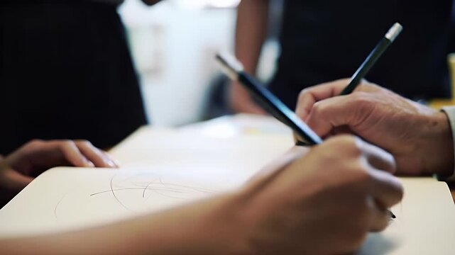 Close up of hands sketching with pencils on white paper on wooden table - Powered by Adobe