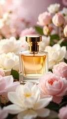 Perfume bottle among flowers