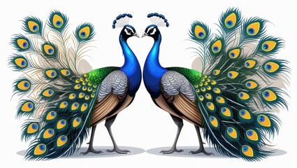 Fototapeta premium Two magnificent peafowl display their vibrant plumage against a white backdrop.
