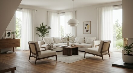 Bright, airy living room with modern mid-century furniture, showcasing a comfortable and stylish interior design.