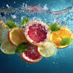 assorted fruit slices with leaves underwater splash