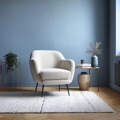 Fototapeta premium Cozy living room corner with plush white armchair, side table with decorative vases and books, potted plant, and soft rug wooden flooring