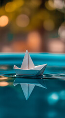 Fototapeta premium Paper boat gracefully floats on water's surface, reflecting a serene scene. Childhood memories and peaceful journeys come to mind.