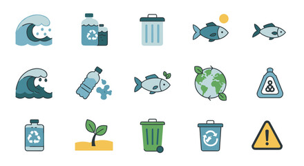 Eco-friendly icons depicting recycling, marine conservation, and sustainable living concepts