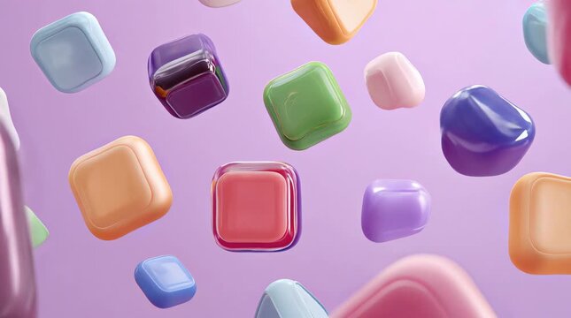 Pastel 3D Jelly-Like Rounded Squares Floating on Lavender Background, Cute Abstract UI and Social Media Design