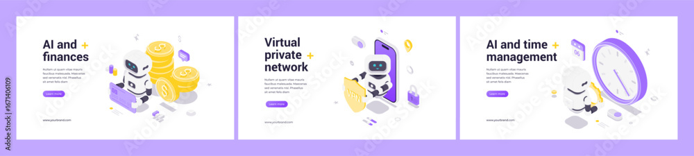 Wall mural modern isometric web banner set with ai robot, financial automation, virtual private network securit