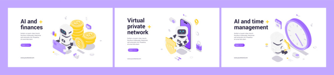 Modern isometric web banner set with AI robot, financial automation, virtual private network security, smart time management, innovation, digital interface, data protection, futuristic design