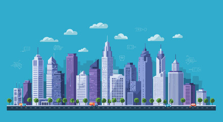 Modern flat style urban skyline with skyscrapers and road on a clear day