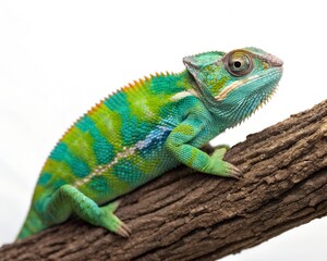 Obraz premium Colorful Chameleon Sitting on a Log with Vibrant Texture and Detail
