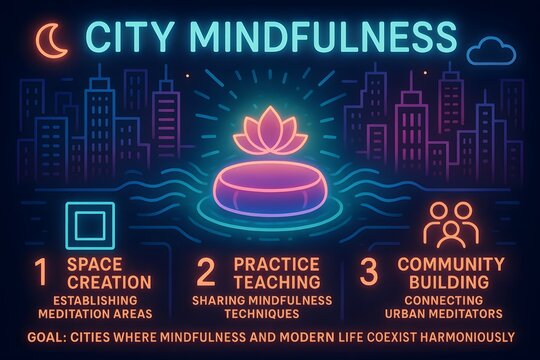 Urban Mindfulness and Meditation Infographic with Neon Icons for Mental Wellness in City Life