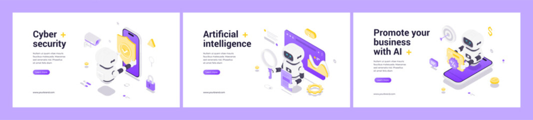 Isometric vector illustrations featuring AI robots enhancing cybersecurity, automating data analysis, and driving business promotion with innovative technology and smart digital tools.