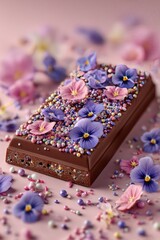 Delicate chocolate bar adorned with flowers and sprinkles