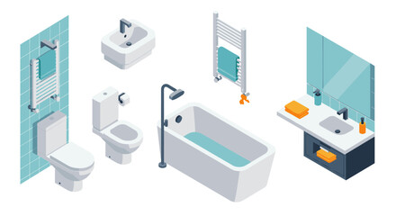 Modern isometric bathroom fixtures set with tub, sink, and toiletries
