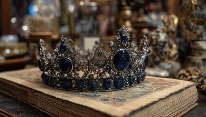 Antique crown with blue gems on aged book