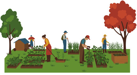 Community gardening scene with diverse people tending to vegetables and plants