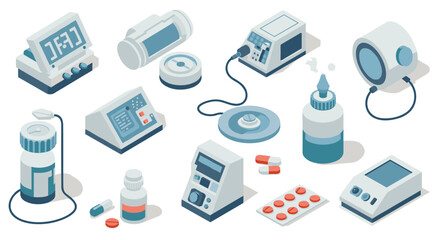 Isometric medical devices and medications set featuring modern healthcare equipment