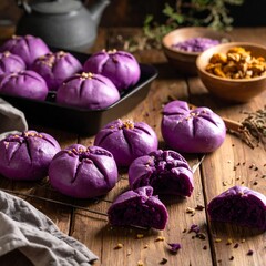 Purple buns on a wooden table