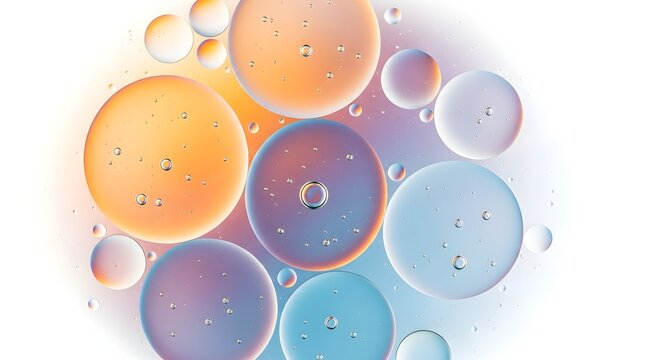 Macro abstract background of oil drops in water, circular soft shapes with realistic lighting and smooth color blending, ultra sharp and detailed without any noise or blur